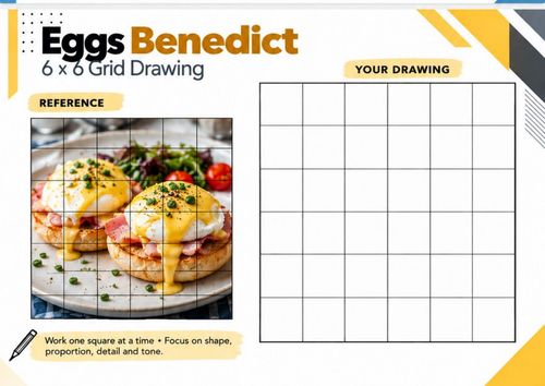 Eggs Benedict Grid Drawing Worksheet | Realistic Breakfast Food Observational Drawing | KS3 KS4