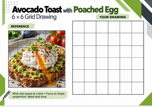 Avocado Toast with Poached Egg Grid Drawing Worksheet | Food Pencil Drawing | KS3 KS4 Art