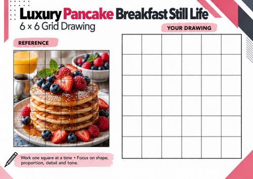 Luxury Pancake Breakfast Grid Drawing Worksheet | Realistic Food Still Life Drawing | KS3 KS4