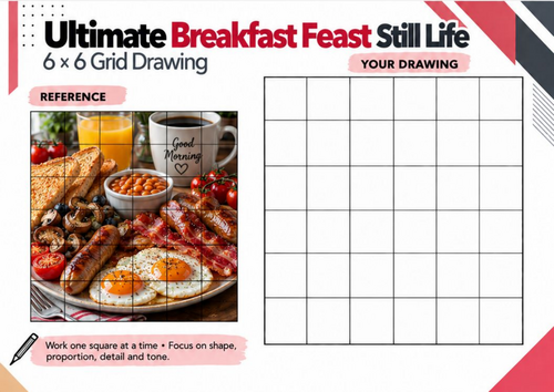 Ultimate Breakfast Feast Grid Drawing Worksheet | Complex Food Still Life Pencil Drawing | KS3 KS4