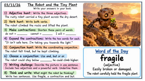 The Robot and the Tiny plant morning grammar work