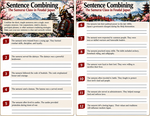 Samurai Class Worksheet "Sentence Combining"