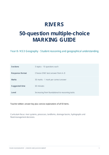 Rivers – 50 Challenging Multiple Choice Questions | KS3 Geography | Year 8  50 MCQs | Student Assess