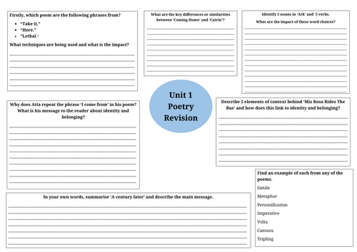 Unit 1 Poetry Revision Worksheet