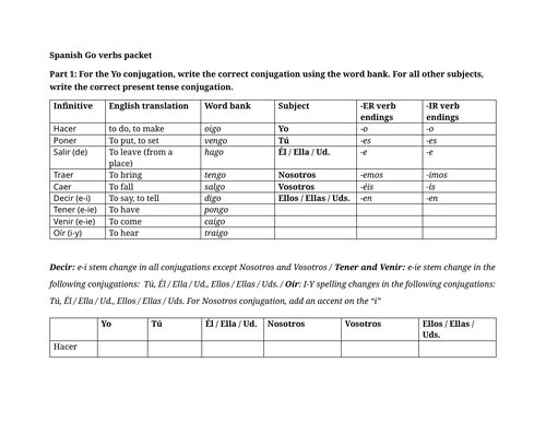 Spanish Go verbs packet