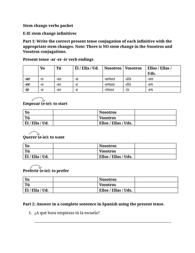 Stem change verbs packet (Spanish)