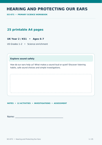 Year 2 Science: Hearing and Protecting Our Ears | KS1 Science Worksheets 25 Printable A4 Pages | KS1