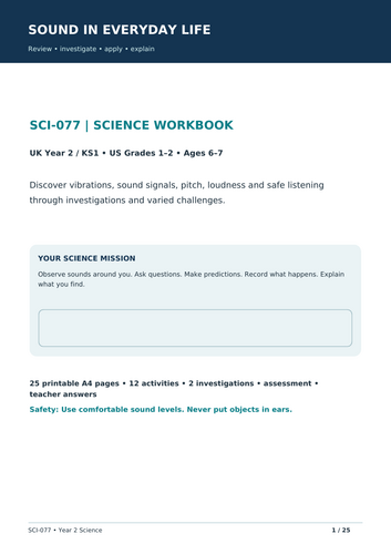 Year 2 Science: Sound in Everyday Life | KS1 Science Revision Workbook  25 Printable A4 Pages | KS1