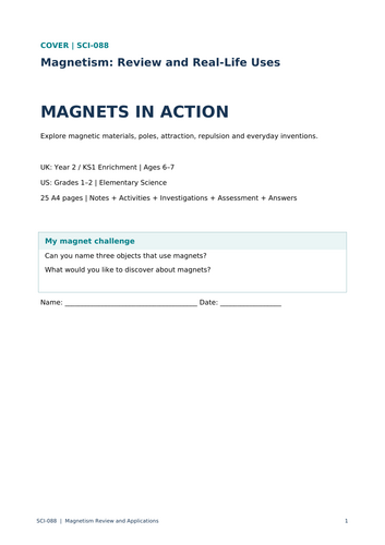 Year 2 Science: Magnetism Review & Real-Life Applications | KS1 Science Workbook  25 Printable A4 Pa