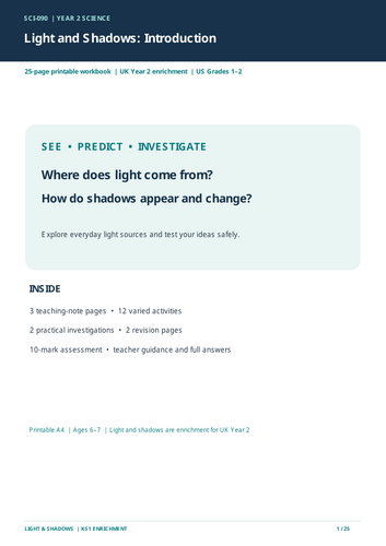 Year 2 Science: Light and Shadows | KS1 Science Worksheets, Investigations & Assessment  25 Printabl