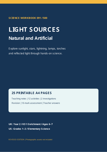 Year 2 Science: Natural and Artificial Light Sources | KS1 Science Worksheets  25 Printable A4 Pages