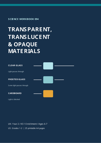 Transparent, Translucent and Opaque Materials | Year 2 Science Worksheets  25 Printable A4 Pages | U