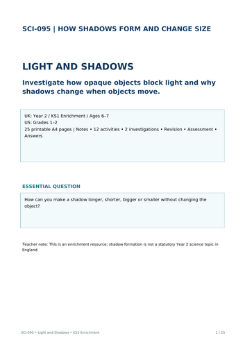 Year 2 Science: How Shadows Form and Change Size | KS1 Light & Shadows Worksheets  25 Printable A4 P
