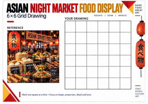 Asian Night Market Grid Drawing Worksheet | Street Food Art | KS3 KS4 Observational Drawing