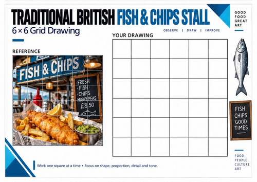 Fish and Chips Grid Drawing Worksheet | British Street Food Art | KS3 KS4 Observational Drawing