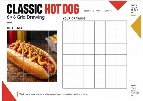 Hot Dog Grid Drawing Worksheet | American Street Food Art | KS3 KS4 Observational Drawing