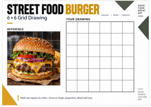 Burger Grid Drawing Worksheet | Food Art & Observational Drawing | KS3 KS4 Art and Design