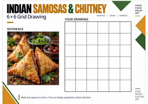 Indian Samosas Grid Drawing Worksheet | Cultural Food Art | KS3 KS4 Observational Drawing