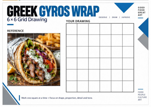 Greek Gyros Grid Drawing Worksheet | Mediterranean Street Food Art | KS3 KS4 Drawing