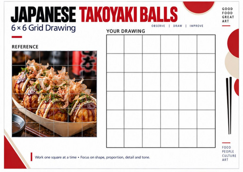 Japanese Takoyaki Grid Drawing Worksheet | Japanese Food Art | KS3 KS4 Observational Drawing