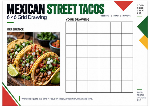 Mexican Tacos Grid Drawing Worksheet | Mexican Street Food Art | KS3 KS4 Drawing Activity