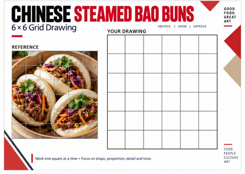 Chinese Bao Buns Grid Drawing Worksheet | Asian Street Food Art | KS3 KS4 Observational Drawing