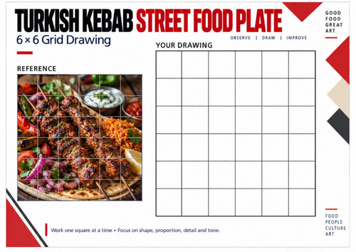 Turkish Kebab Grid Drawing Worksheet | Street Food Art | KS3 KS4 Observational Drawing
