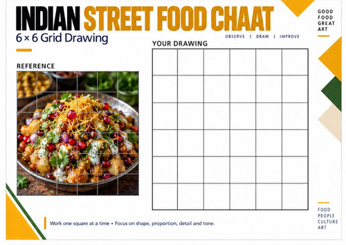 Indian Street Food Chaat Grid Drawing Worksheet | Food Art | KS3 KS4 Observational Drawing