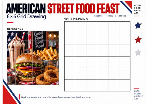 American Street Food Grid Drawing Worksheet | Burger & Fries Food Art | KS3 KS4 Drawing