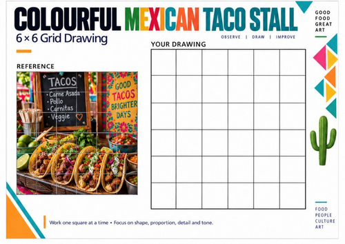 Mexican Tacos Stall Grid Drawing Worksheet | Colourful Street Food Art | KS3 KS4 Drawing