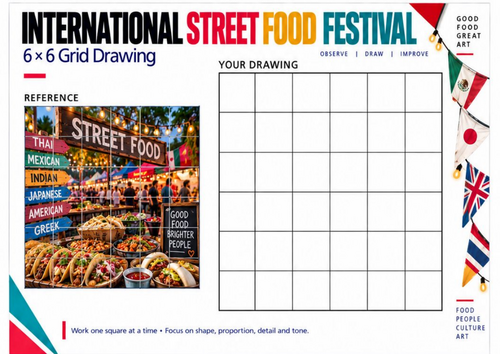 International Street Food Festival Grid Drawing Worksheet | Cultural Food Art | KS3 KS4 Art