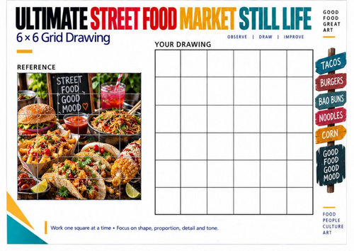 Street Food Still Life Grid Drawing Worksheet | Food Art & Composition | KS3 KS4 Observational Drawi