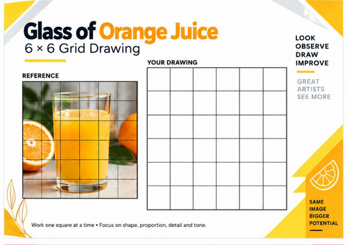 Glass of Orange Juice Grid Drawing Worksheet | 6x6 Observational Drawing | KS3 KS4 Art
