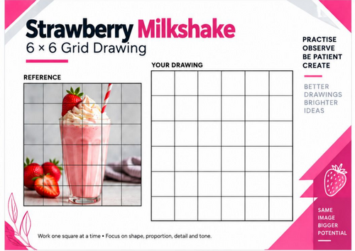 Strawberry Milkshake Grid Drawing Worksheet | 6x6 Food & Drink Still Life | KS3 KS4 Art