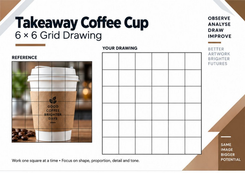Takeaway Coffee Cup Grid Drawing Worksheet | 6x6 Everyday Objects Drawing | KS3 KS4 Art