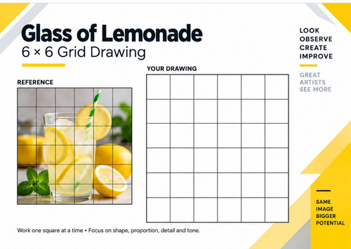 Glass of Lemonade Grid Drawing Worksheet | 6x6 Observational Still Life | KS3 KS4 Art