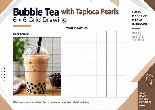 Bubble Tea Grid Drawing Worksheet | 6x6 Drinks Observational Drawing | KS3 KS4 Art