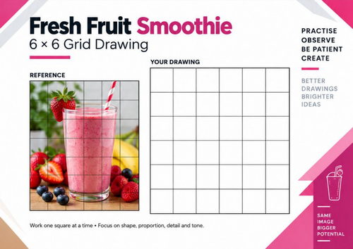 Fresh Fruit Smoothie Grid Drawing Worksheet | 6x6 Food & Drink Drawing | KS3 KS4 Art