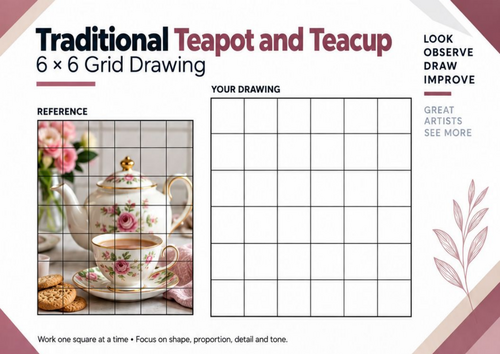 Traditional Teapot and Teacup Grid Drawing Worksheet | 6x6 Still Life | KS3 KS4 Art
