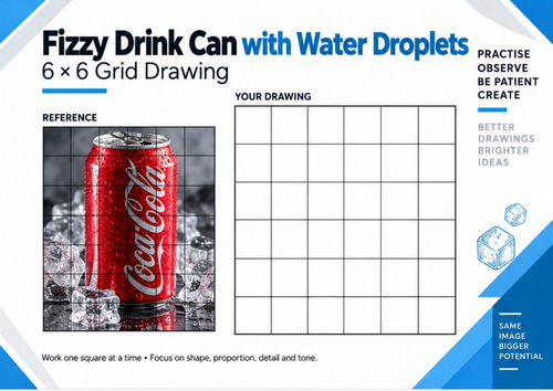 Fizzy Drink Can Grid Drawing Worksheet | 6x6 Realistic Object Drawing | KS3 KS4 Art