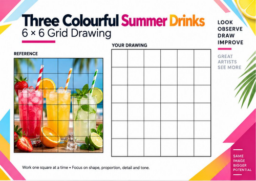 Three Colourful Summer Drinks Grid Drawing Worksheet | 6x6 Still Life | KS3 KS4 Art