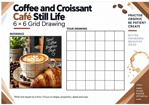 Coffee and Croissant Grid Drawing Worksheet | 6x6 Café Still Life | KS3 KS4 Art