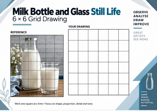 Milk Bottle and Glass Grid Drawing Worksheet | 6x6 Observational Still Life | KS3 KS4 Art