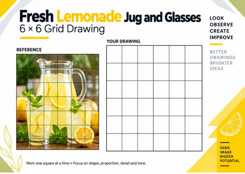 Lemonade Jug and Glasses Grid Drawing Worksheet | 6x6 Still Life Drawing | KS3 KS4 Art