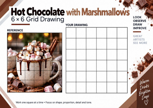 Hot Chocolate with Marshmallows Grid Drawing Worksheet | 6x6 Still Life | KS3 KS4 Art