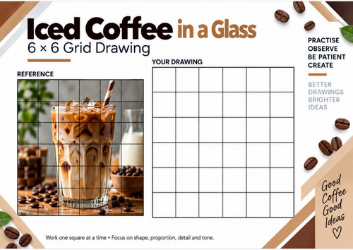 Iced Coffee in a Glass Grid Drawing Worksheet | 6x6 Observational Drawing | KS3 KS4 Art