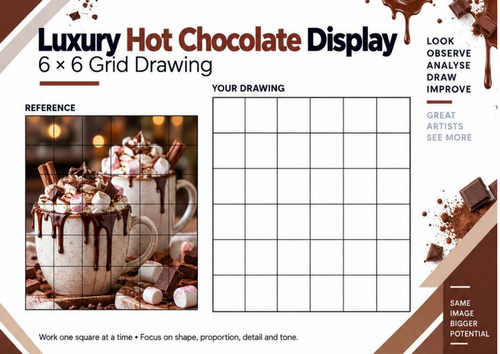 Luxury Hot Chocolate Display Grid Drawing Worksheet | 6x6 Still Life | KS3 KS4 Art