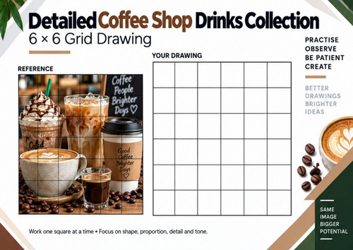 Coffee Shop Drinks Collection Grid Drawing Worksheet | 6x6 Café Still Life | KS3 KS4 Art