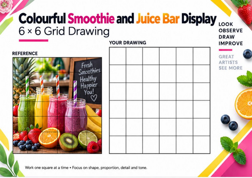 Smoothie and Juice Bar Grid Drawing Worksheet | 6x6 Colourful Still Life | KS3 KS4 Art