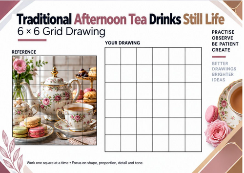 Traditional Afternoon Tea Grid Drawing Worksheet | 6x6 Still Life Drawing | KS3 KS4 Art
